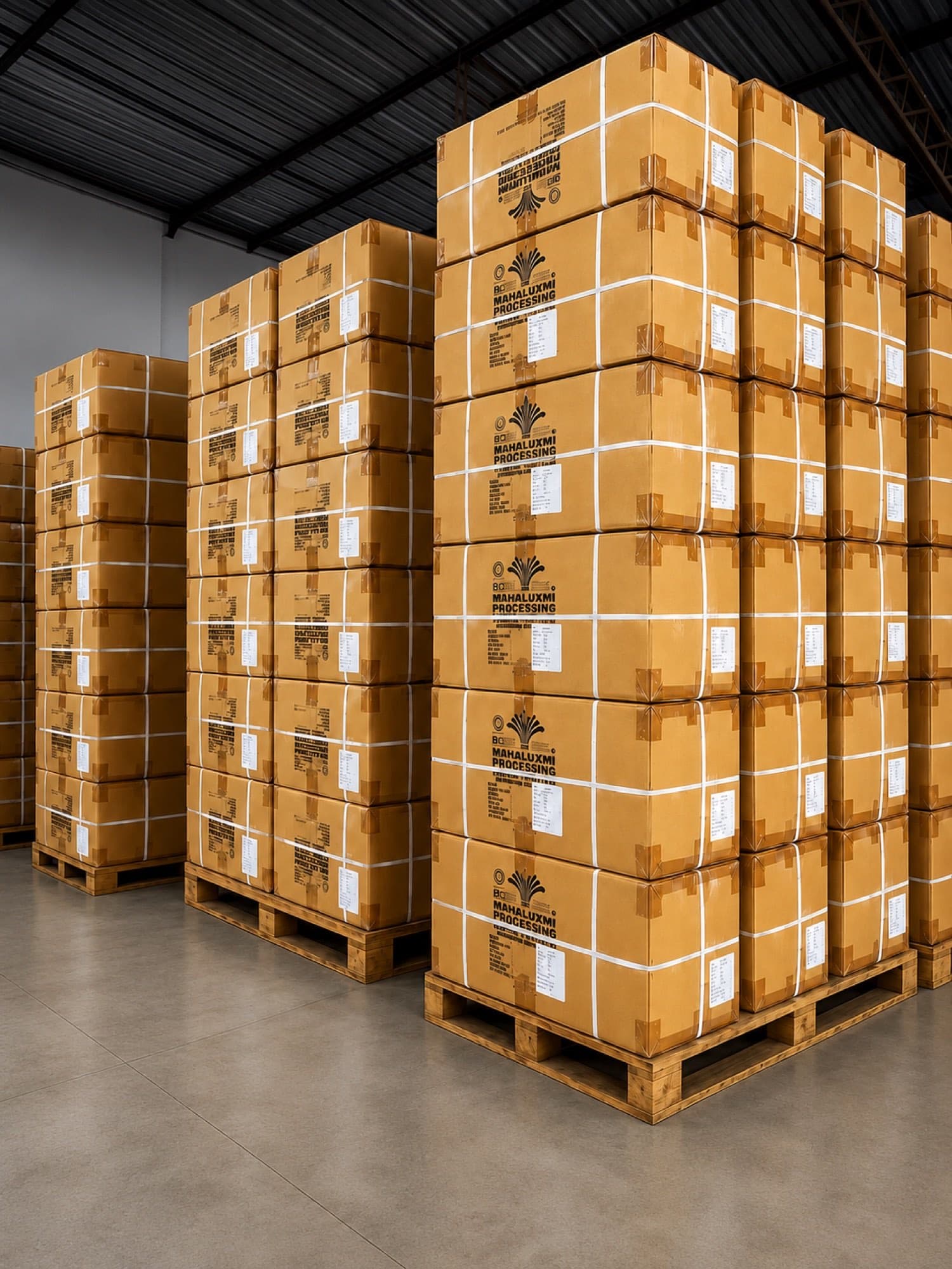 Cajas de algodón peinado de origen India apiladas en bodega