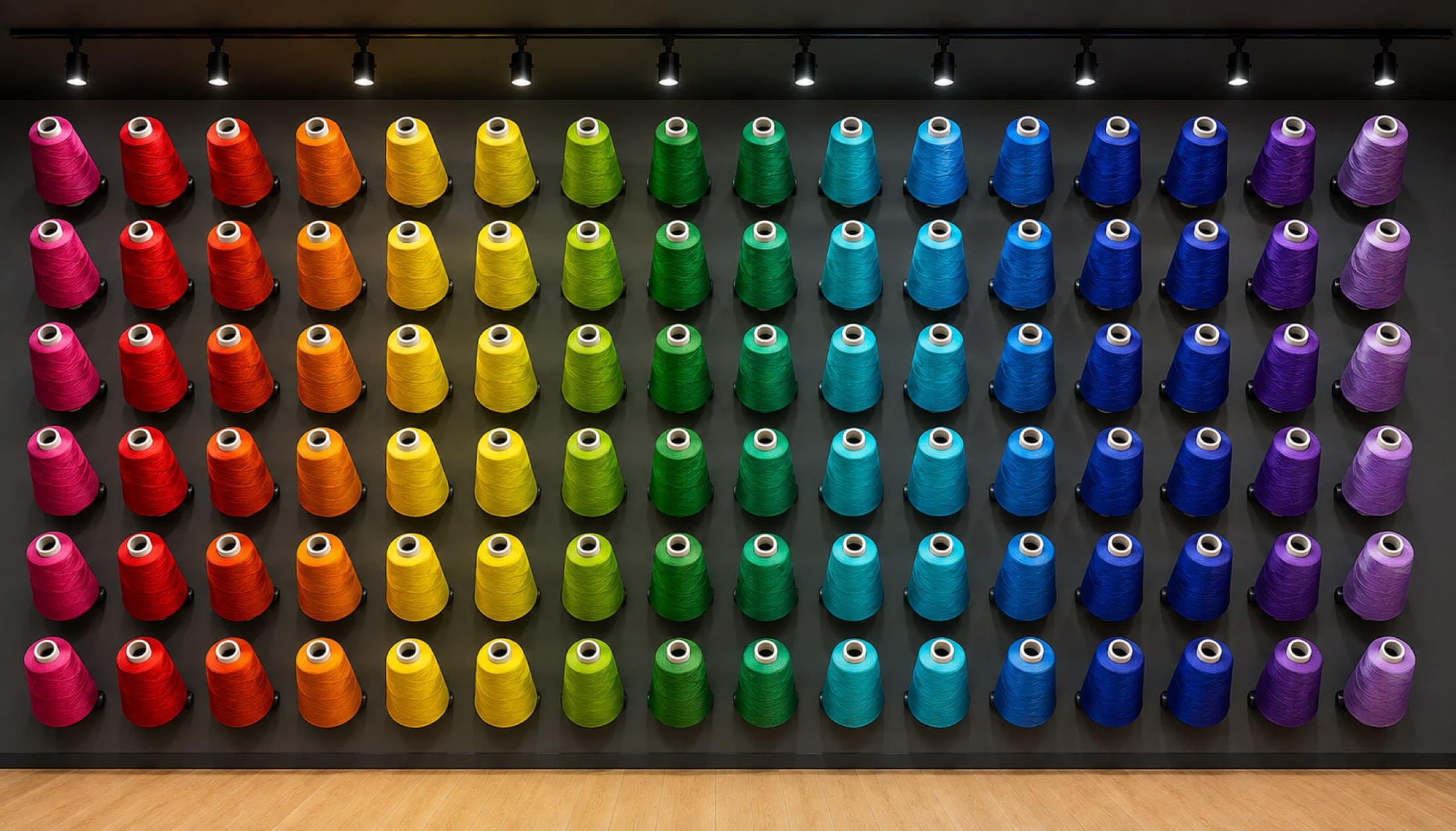 Display de conos de hilo en toda la gama de colores